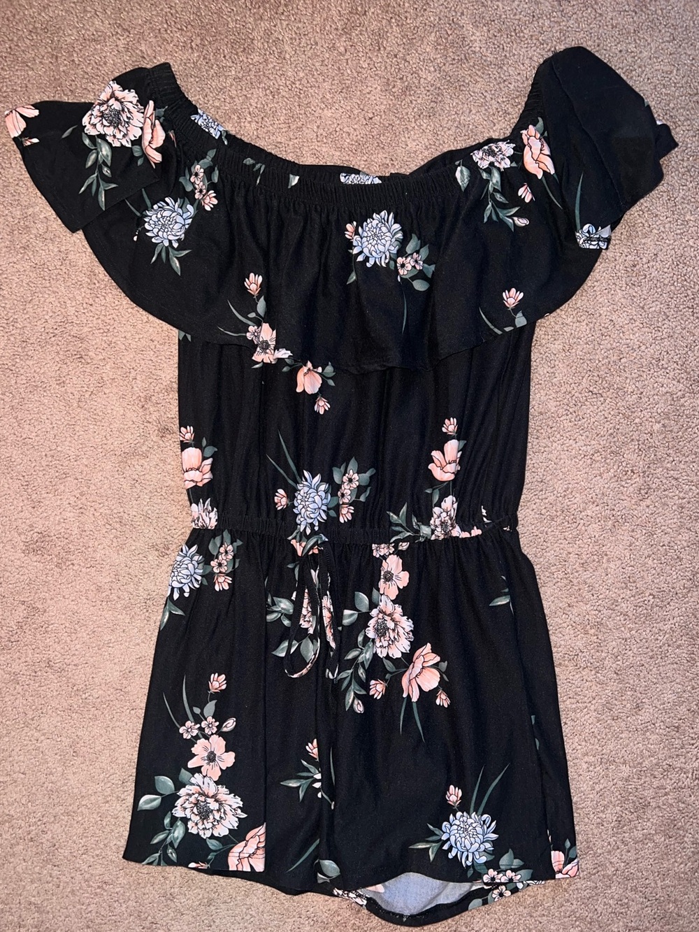 Black Floral Off-Shoulder Romper with Ruffle
